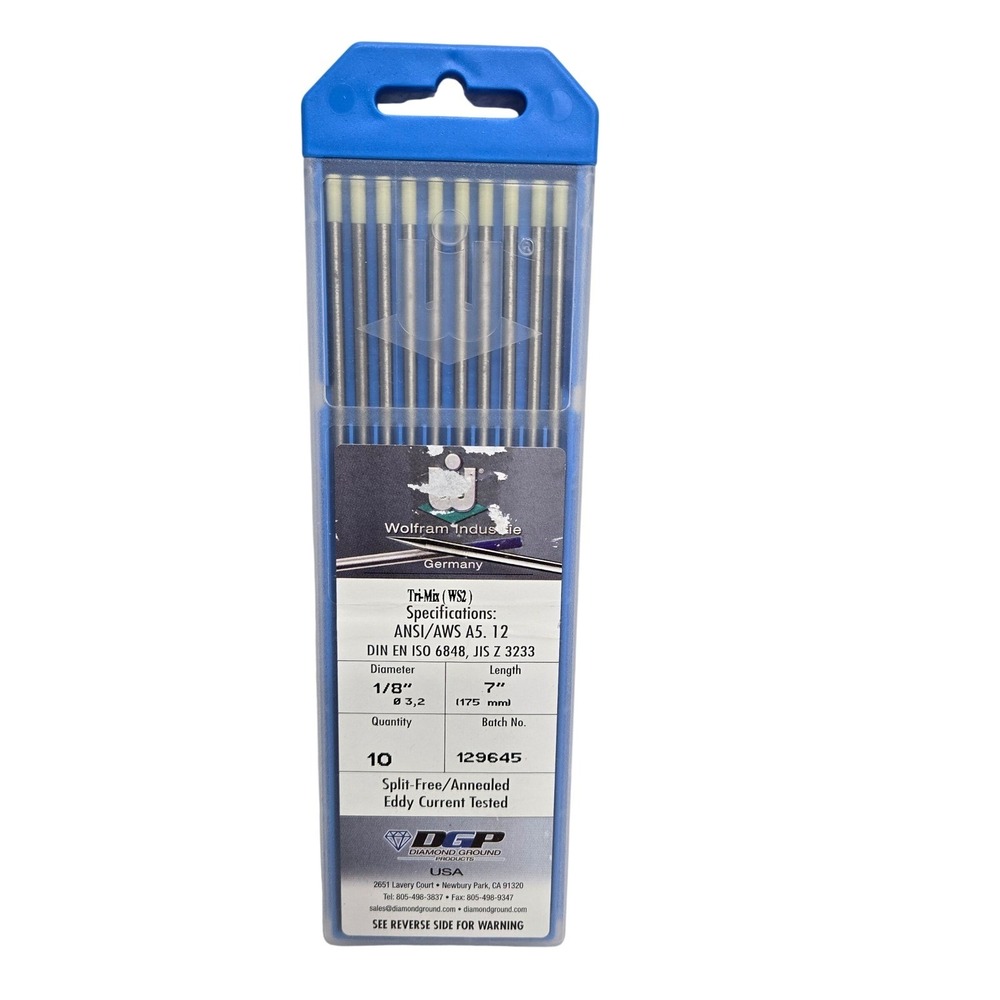 Wolfram Industrie Tri-Mix WS2 Tungsten Electrodes 1/8" x 7" 10pk Diamond Ground